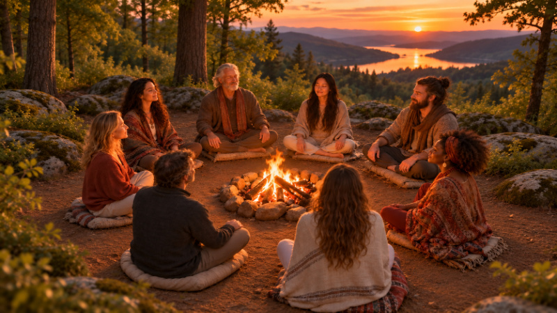 Un cercle de personnes assises autour d’un feu, au coucher du soleil, au-dessus d’un lac